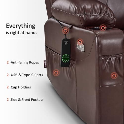 MCombo Electric Power Lift Recliner Chair Sofa with Massage and Heat for Elderly, 3 Positions, 2 Side Pockets, and Cup Holders, USB Ports, Faux Leather 7040 (Dark Brown, Medium) 8