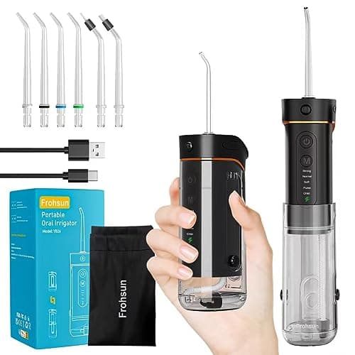 Frohsun Retractable Water Dental Flosser Cordless Oral Irrigator for Dental&Oral Health 5 Pressure Modes for Kids&Adults 6 Tips IPX7 Waterproof Low Noise Rechargeable Dental Flosser for Home&Travel