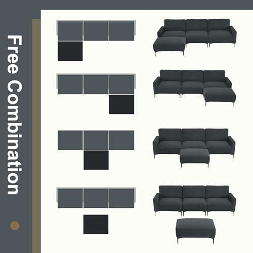 DHPM Sectional Sofa Modern L-Shaped Deep 3-Seat Sofa&Couch with Ottoman, Sofá Sleeper Comfy Upholstered Furniture for Living Room, Apartment, Studio, Office 6