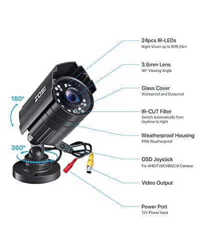 ZOSI 1080P CCTV Camera Outdoor Indoor Hybrid 4 in 1 HD TVI/CVI/AHD/CVBS Home Security Cameras System,Night Vision,Waterproof Metal Housing Bullet Cam For 960H,720P,1080P,5MP,4K analog Surveillance DVR 8