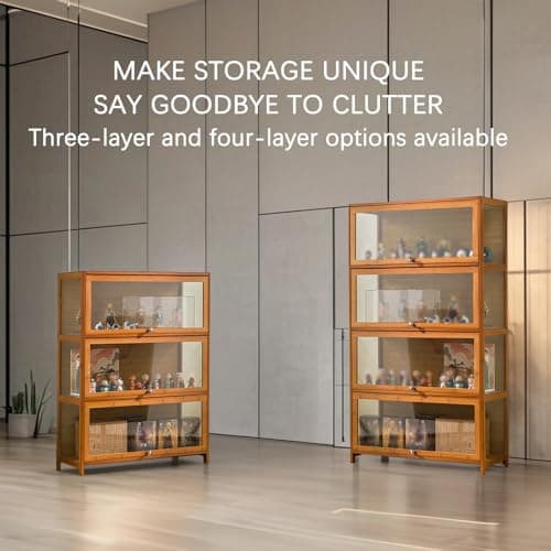 SAADHGG Small Display Cabinet with Acrylic Glass Doors, 4-Tier Curio Cabinet Figure Display Case Living Room Storage Cabinets with Doors and Shelves for Collectibles Toy,Tawny,Flip top Three Layer 6