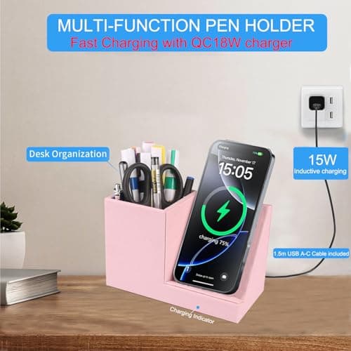 2025 New Wireless Charger,15W Pink Fast Charger,Dual Coil,Qi Certified Charging Dock,Desk Stand and Pen Holder Storage Compatible with iPhone 16/15/14 MAX/XR/XS, S24/S23 Series and More(No AC Adapter 5