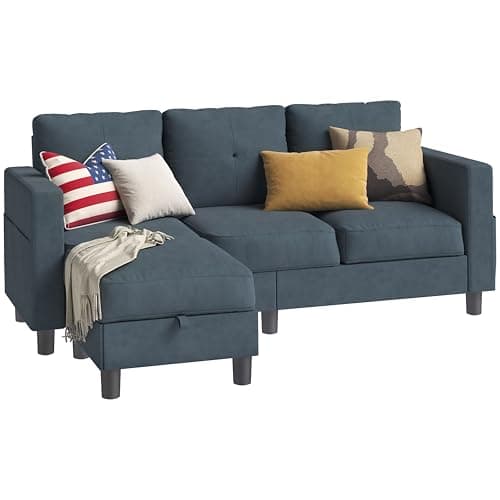 Shintenchi Small Sectional Couch with Ottoman, 3 Seat L Shaped Sofa, Fabric Upholstered Convertible Sofa Couches, Small Couch for Apartments, Living Room and Office(Dark Grey) 6