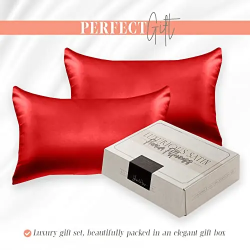 Elegant Comfort Silky and Luxurious 2-Piece Satin Pillowcase Set for Healthier Skin and Hair, Hidden Zipper Closure and Beautifully Packaged, Satin Pillowcase Set, King, Red 5