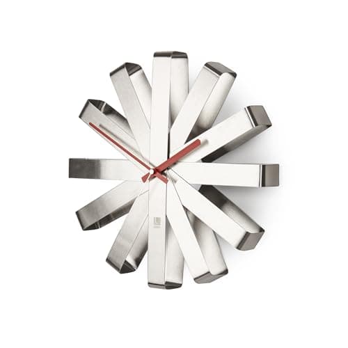 Umbra Ribbon Modern 12" Wall Clock, Silent Non Ticking Battery Operated Quartz Movement, Stainless Steel
