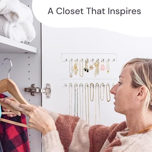 Boxy Concepts Wall-Mount Necklace Organizer - 2-Pack 10.5 x 1.5 in Clear - 10 Diamond Hooks Create Wall Jewelry Rack - Jewelry Organizer for Women & Key Storage 8