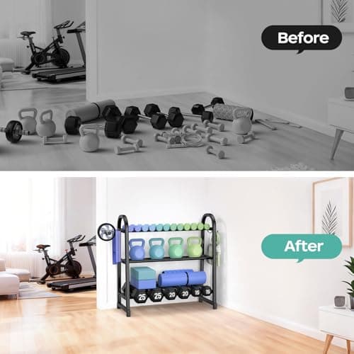 YaDonpe 3 Tier Dumbble Rack - 360LB Capacity Adjustable Dumbbell Storage Rack Space-Saving Home Gym Weight Rack For Dumbbells And Kettlebells With Hooks (Dumbbell Rack Stand Only)（Matte Black （29.96''Length）） 5