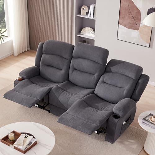 Reedvales Oversized Recliner Sofa with Heat and Massage, Big Large 3-Seater RV Recliner Couch Sofa for Living Room, Wall-Hugger Reclining Sofa with Cup Holders and USB Port (Fabric, Grey)