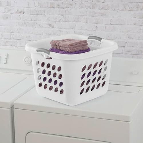 Square Laundry Hamper Clothes Storage Basket with Holes 53L White with Grey Handles Utility Room Garage Closet Made in US (1) 6