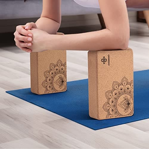 Overmont Cork Yoga Blocks 2 pack with 8ft Strap Natural Cork Bricks- High Density & Eco Friendly Yoga Accessories for Women - Ideal for Yoga Pilates General Fitness and Stretching 9x6x3'' 5