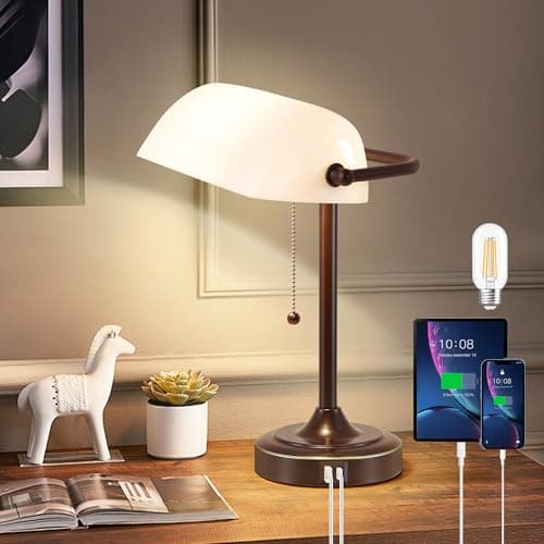 Vintage Desk Lamp Bankers Lamp - Brown Retro Table Lamp with USB & Type C Charging Ports Traditional Pull Chain Switch Library Lamp for Home Office Bedroom Nightstand Side Table Lamp(Bulb Included)