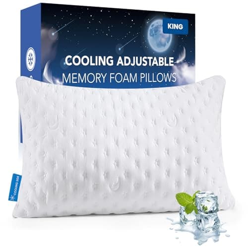 Cooling Side Sleeper Pillow for Adults, Firm Bed Pillow for Side Sleepers Neck and Shoulder Pain, Luxury Shredded Memory Foam Pillow Set of 1- Adjustable King Size- Washable Cover Original White