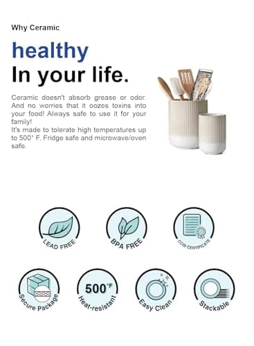 LE TAUCI Utensil Holder for Kitchen Counter, 7.3"+5.4" Fluted Ceramic Utensil Crock Organizer for Countertop, Heavy Large Holder for Spatulas, Spoons, Set of 2, Warm White Glaze 7