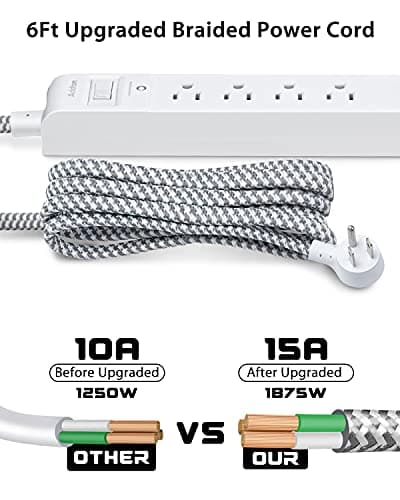 2 Pack Power Strip Surge Protector - 5 Widely Spaced Outlets 3 USB Charging Ports, 1875W/15A with 5Ft Braided Extension Cord, Flat Plug, Overload Surge Protection, Wall Mount for Home Office,White 7
