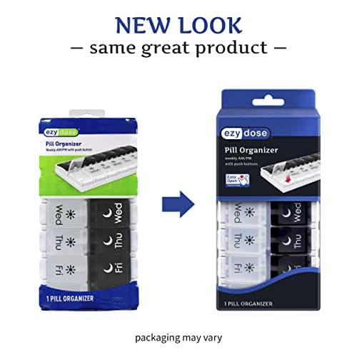 EZY DOSE Push Button (7-Day) Pill Case, Medicine Planner, Vitamin Organizer, 2 Times a Day AM/PM, Removable Trays, Large Compartments, Arthritis Friendly, Spring Open Black and White Lids, BPA Free 8