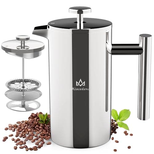 Miscedence French Press Coffee Maker, Double Wall Vacuum Insulated 304 Stainless Steel for Home, Camping and Office