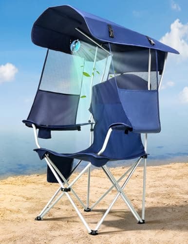 Docusvect Beach Chair with Canopy Shade and Fan – 360° Rotatable & 3-Speed Airflow, Camping Chair with Canopy and Powerful & Quiet Fan, Cup Holder, Side Pocket – Supports 330 LBS