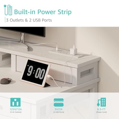 Lufeiya Small White Kids Desk with Fabric Drawers for Bedroom, 32 inch Vanity Makeup Desk with Drawers Storage for Home Office, Writing Study Table with Power Outlet & Monitor Stand, White 6