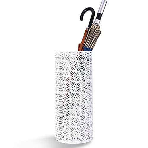 BEWBBAT Umbrella Stand Rack for Entryway, Free Standing Metal Umbrella Holder, Round Umbrella Organizer Bin with 3 Hooks for Long Short Umbrella, Walk Stick, Home Office Indoor, 17 x 7 Inch, White