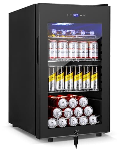 17Inch Beverage Refrigerator and Cooler Freestanding, 96 Cans Mini Fridge with glass door and Lock, Small Drink Fridge for Soda, Beer, Wine, For Home Bar Office with LED Light