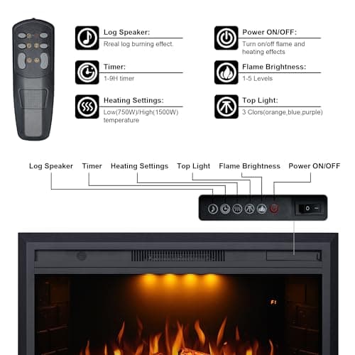 Valuxhome Electric Fireplace, 33 Inches Electric Fireplace Insert, Fireplace Heater with Overheating Protection, Fire Crackling Sound, Remote Control, 750/1500W, Black 7