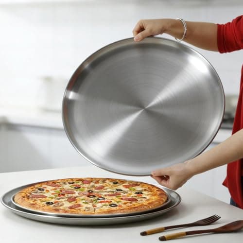 YeKuKing 16 Inch Pizza Pan for Oven 2 Pack Stainless Steel Baking Sheet Round Plates for Cake Pie and Salad Pizza Steel Large Tray Oven Dishwasher Safe & Easy Clean 8