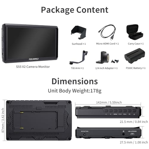 FEELWORLD S55 V3 6 Inch DSLR Camera Field Monitor Bundle - FHD IPS Screen, 4K HDMI in/Out, Tilt Arm, Power Output, Battery & Carry Case Included 6