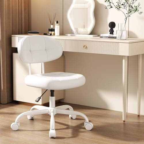 Misolant Vanity Chair with Back, Small Armless Cute office Chair with wheels and Lumbar support, Comfy PU Leather Desk Computer Chairs with Adjustable Height, 360°Swivel for Home Bedroom Office, White