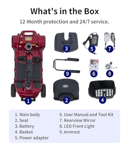 VOCIC 4 Wheel Mobility Scooter, Electric Powered Chargeable Electric Mobility Scooters, Heavy Duty Foldable Motorized Scooter with Headlight, Basket, Charger, D41 (Red) 9