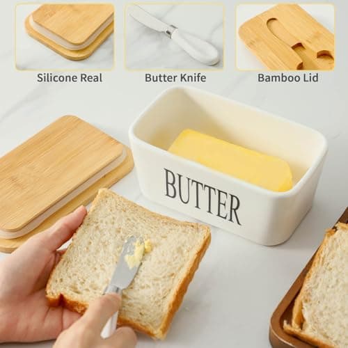 Butter Dish with Lid - Hasense White Ceramic Buter Dish with Airtight Cover and Knife for Countertop, Large Butter Holder Keeper Container with Silicone Sealing Ring for West East Coast 5
