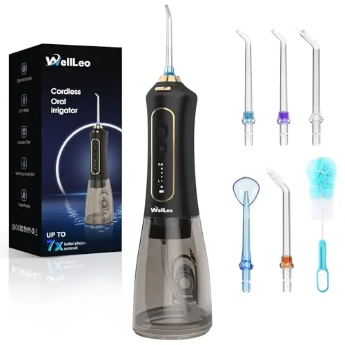 WellLeo Water Flossers for Teeth, 300ML Cordless Oral Irrigator Rechargeable Dental Flosser Picks with 5 Modes 5 Jet Tips,IPX7 Waterproof Teeth Cleaner for Braces Gum Care, Home Travel Use