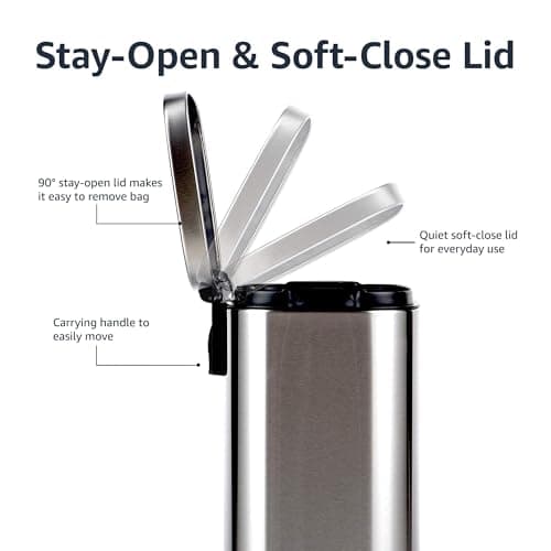 Amazon Basics Smudge Resistant Small Rectangular Step Pedal Trash Can with Soft-Close Lid, Removable Inner Bucket, Brushed Stainless Steel, 12 Liter/3.1 Gallon, Satin Nickel Finish 6