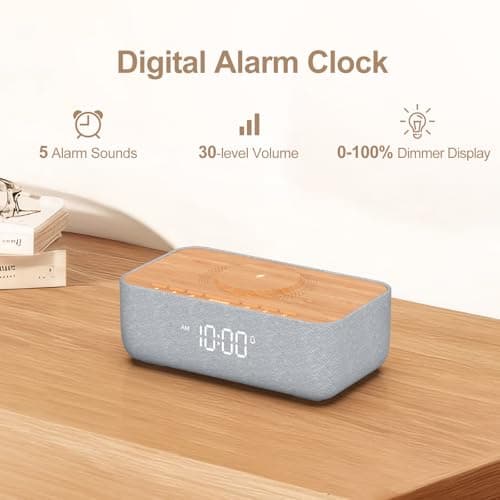 REACHER 15W Fast Magnetic Wireless Charging Alarm Clock with White Noise Machine, Woodgrain Style, 20 High‑Fidelity Sounds, Gradual Wake & Snooze, 0–100% Dimmable Digital Clock, Bedroom & Office 6