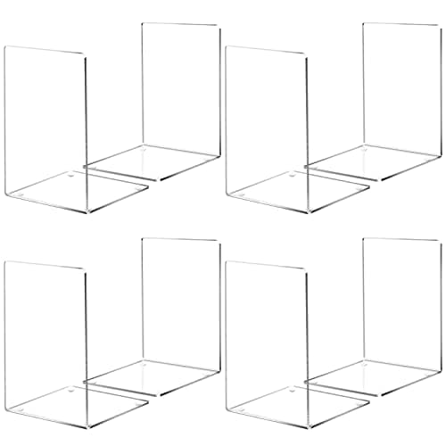 HappyHapi Book Ends, 8 Pcs Book Ends Acrylic Bookends for Shelves, Clear Book Holder Stand, Non-Skid Decorative Bookend, Study Book Organizer for Home Library Office, 5 x 5 x 7.3 inch