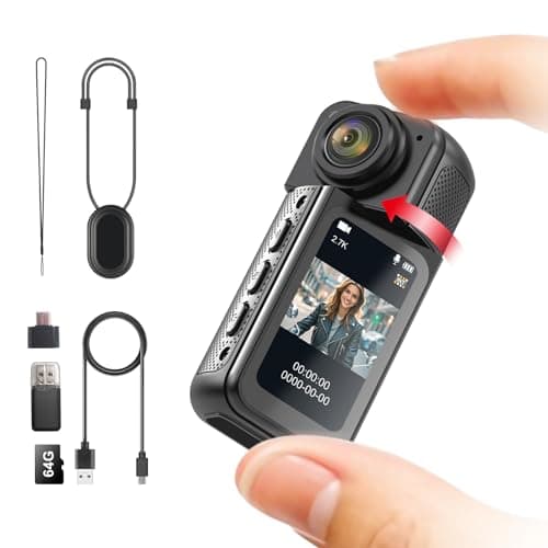 Thumb Action Camera 2K,Lightweight 1.26oz POV with Magnetic Lanyard,Portable Body Camera with 1.47" IPS Screen,180° Rotating Lens,Wearable Pocket, for Vlog with 64G Card (Black)