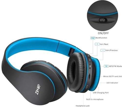 ZIHNIC Bluetooth Headphones Over-Ear, Foldable Wireless and Wired Stereo Headset Micro SD/TF, FM for Cell Phone,PC,Soft Earmuffs &Light Weight for Prolonged Wearing (Black/Blue) 5