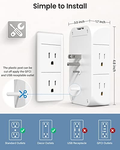 Wall Outlet Extender with Shelf and Night Light, Surge Protector, Wall Mount Charger Multi Plug Expander with 5 AC Outlets and 3 USB A Ports 1 USB C, Wide Space 3-Sided Power Strip Multi Plug Outlets 8