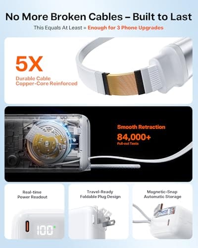 TORRAS EasyGo 3-in-1 Portable Charger Power Bank with Wall Plug & Retractable USB-C Cable, Fast Charging 10000mAh Battery Pack for iPhone 17/16/15, Samsung, Laptop, MacBook - Travel Essential 8