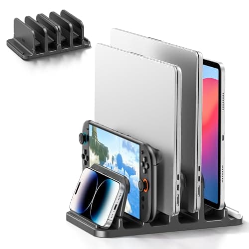 KDD 4-Slot Vertical Laptop Stand with Gravity Locking, 6-in-1 Laptop Holder Desktop Stand, Space-Saving Organizer Fits MacBook/Surface/HP/Dell/Book/Tablet/Switch/Cell Phone and Keyboard