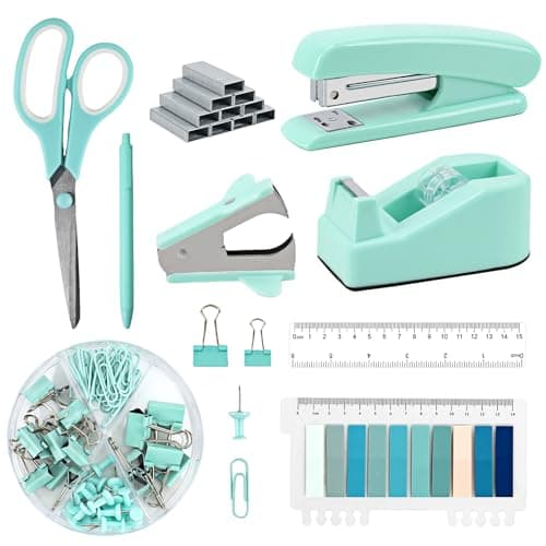 EOOUT 9pcs Teal Office Supplies Set, Teal Desk Accessories, Stapler and Tape Dispenser Set for Women with Staple Remover, Staples, Clips, Scissor and Tabs for Students, Office Clerks