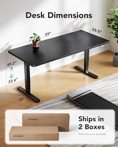 HUANUO 60x30 Inch 3-Stage Legs Electric Standing Desk, Large Height Adjustable Office Desk with Brushless Motor, Stand Up Desk with 4 Memory Presets & 2 Hooks, Computer Desk for Home Office, Black 3