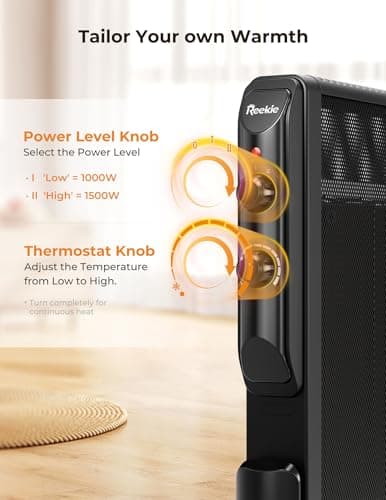Reekie Electric Space Heater for Indoor Use 1500W, Large Room Heater with Thermostat, 2 Heat Settings, Fast Heating, Quiet, Safety Protection, Portable Mica Heater for Office Home Bedroom 120V Black 6