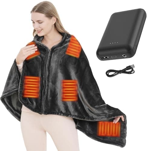 ZUSKYZU Cordless Heated Blanket Wearable Heated Blanket Shawl, Portable Heated Blanket, 3 Gears 7 Heating Zones Cordless Zip Heated Throw Blanket for Women, Outdoor（with Power Bank 7.4V