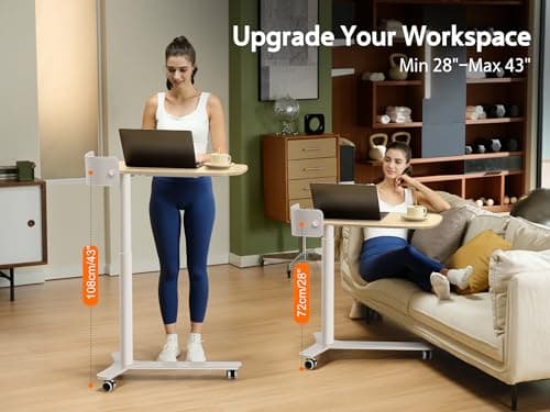 KINGSMITH Rolling Desk Adjustable Height with Drawer and Wheels, Portable Small Standing Desk Pneumatic for Home Office, Mobile Computer Laptop Desk Cart, Medical Sofa Overbed Table, Oak 5