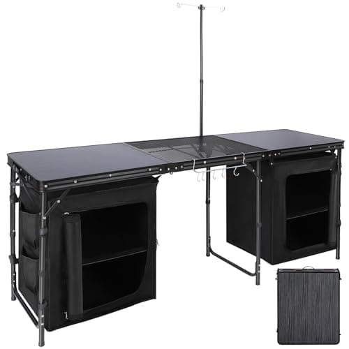 REDCAMP Extra Long Camping Kitchen Tri-fold Table with Storage Organizer, Folding Camping Cook Station Grill Table Portable for Party, Courtyard, Picnic, Black