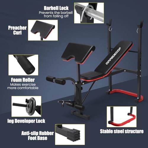 OPPSDECOR 661LBS Weight Bench Set, 8 in 1 Adjustable Bench Press with Squat Rack Leg Extension & Leg Curl Workout Bench with Safety Bar Catches Standard Weight Training Benches for Home Gym (Black with Preacher Curl) 5