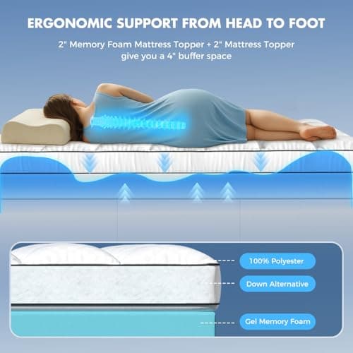 PAYHUIN Dual Layer 4 Inch Memory Foam Mattress Topper King Size, 2 Inch Cooling Gel Memory Foam, 2 Inch Soft Pillow Top Pad, Breathable Mattress Cover for Back Pain Relief, Deep Elastic Pocket, White 6