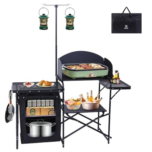 Nice C Camping Kitchen Station, Camping Table, Picnic Table, Portable Grill Table, Folding Cook Table, Upgrade Light Stand and Windshield Station & Organizers, Carry Bag for Beach, Picnic (Black)