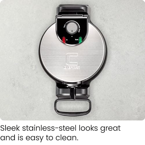Chefman Rotating Belgian Waffle Maker, 180° Flip Iron w/ Non-Stick Plates, Adjustable Timer, Locking Lid, & Drip Plate, Space Saving Storage, Mess-Free Breakfast, Stainless Steel/Black 7