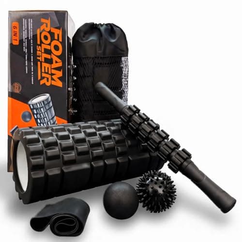 Aucuu 6 in 1 Foam Roller Set Includes Hollow Core Massage Roller, Yoga Stick, Massage Ball, Fitness Stretching Strap, Carrying Bag, Towel, Massage Roller (Black)